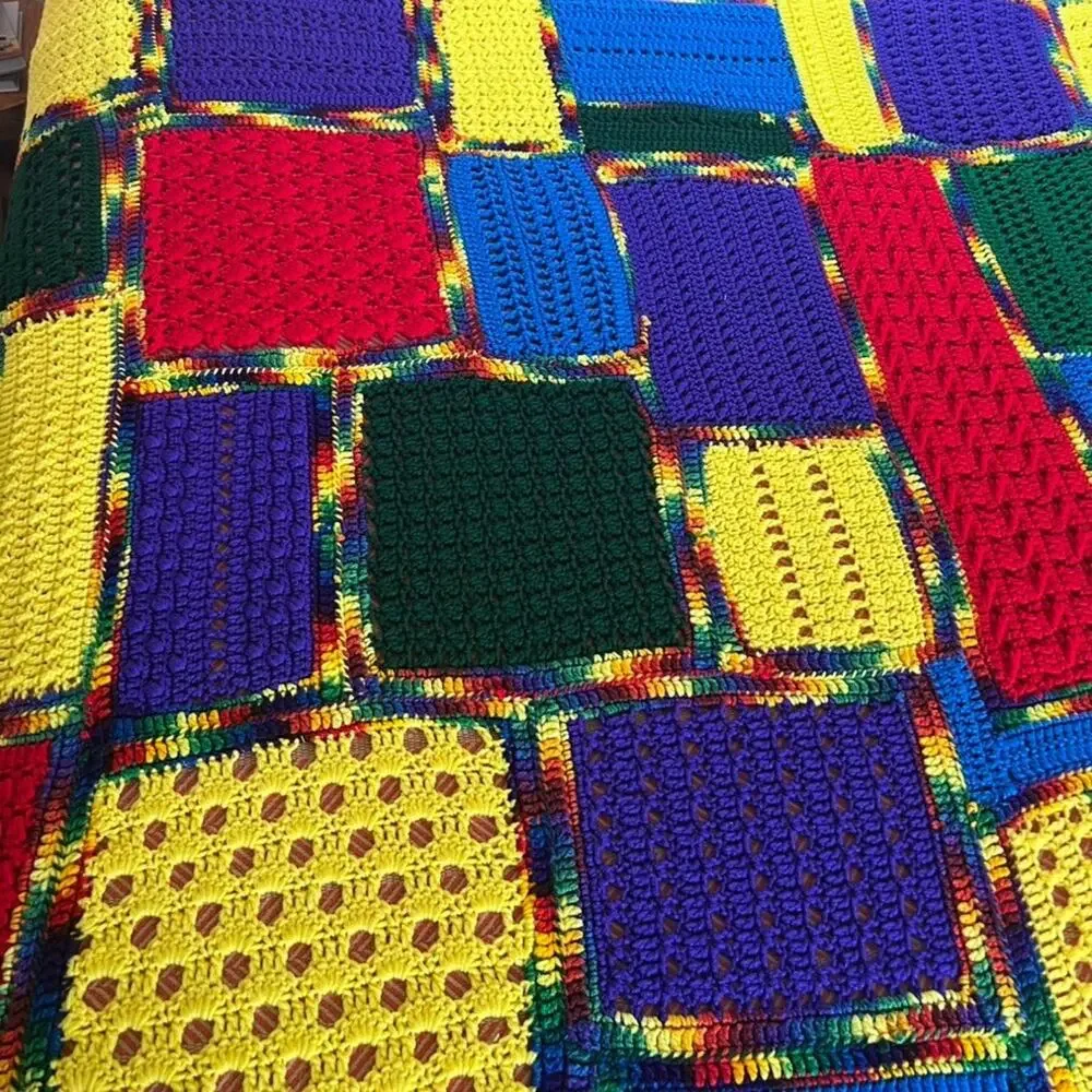 Handmade Crochet Color Block Squares Bedspread Colorful Queen Full 84x94 in
